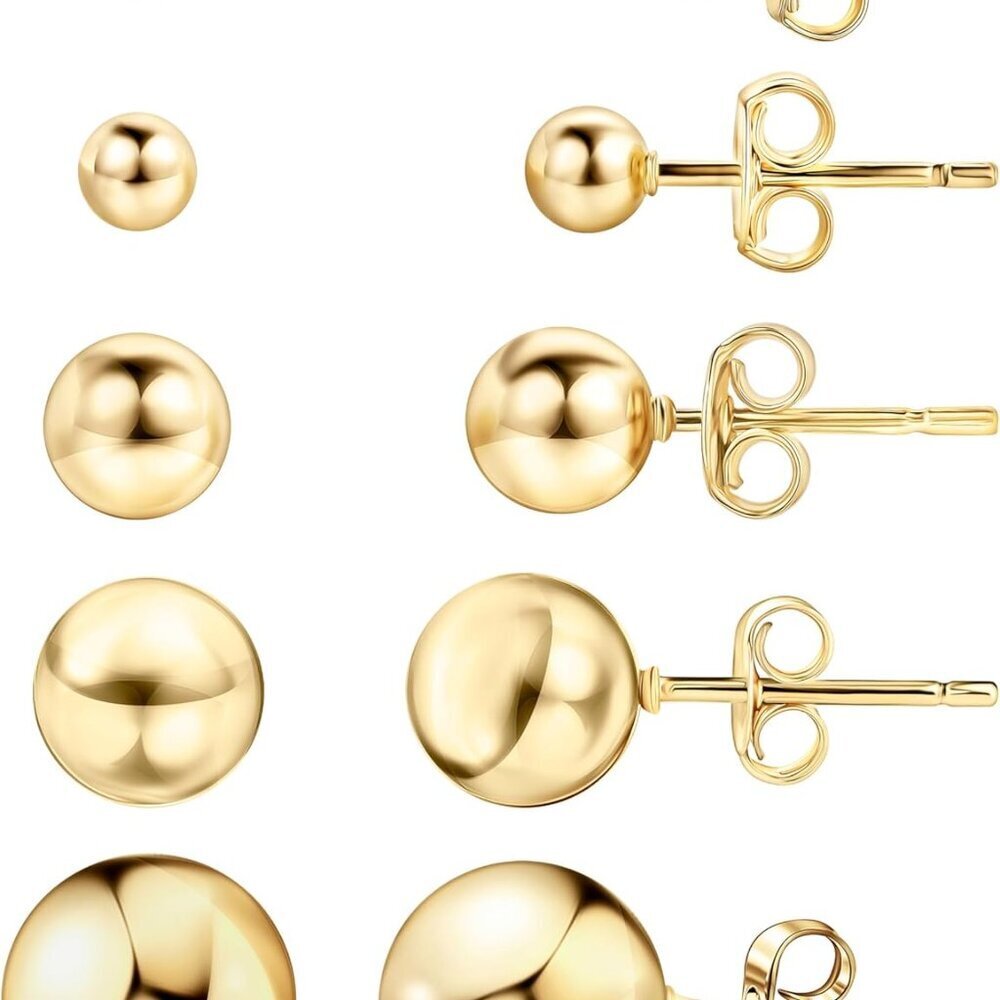 Gold Plated Stud Earrings Set 5 Pack Sizes 3-10MM Minimalist Gift for Women